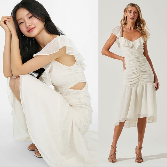 Astr Dresses & Skirts - ASTR Ivory Cream Off White Swiss Dot Textured Ruched Ruffle Cut Out Midi Dress